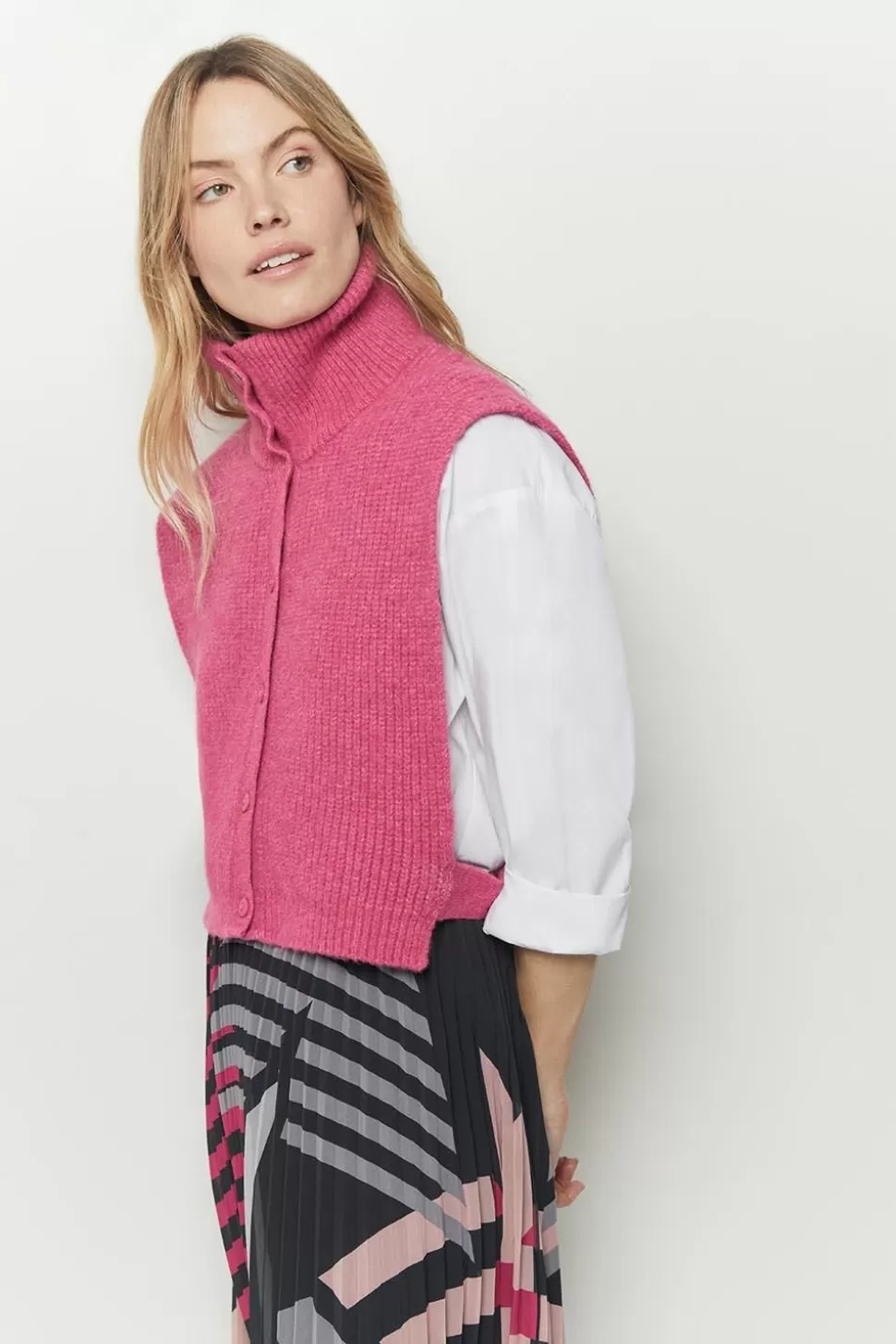 Women One Step Scarves And Foulards-Angie - Fuchsia Knit Trucker Collar