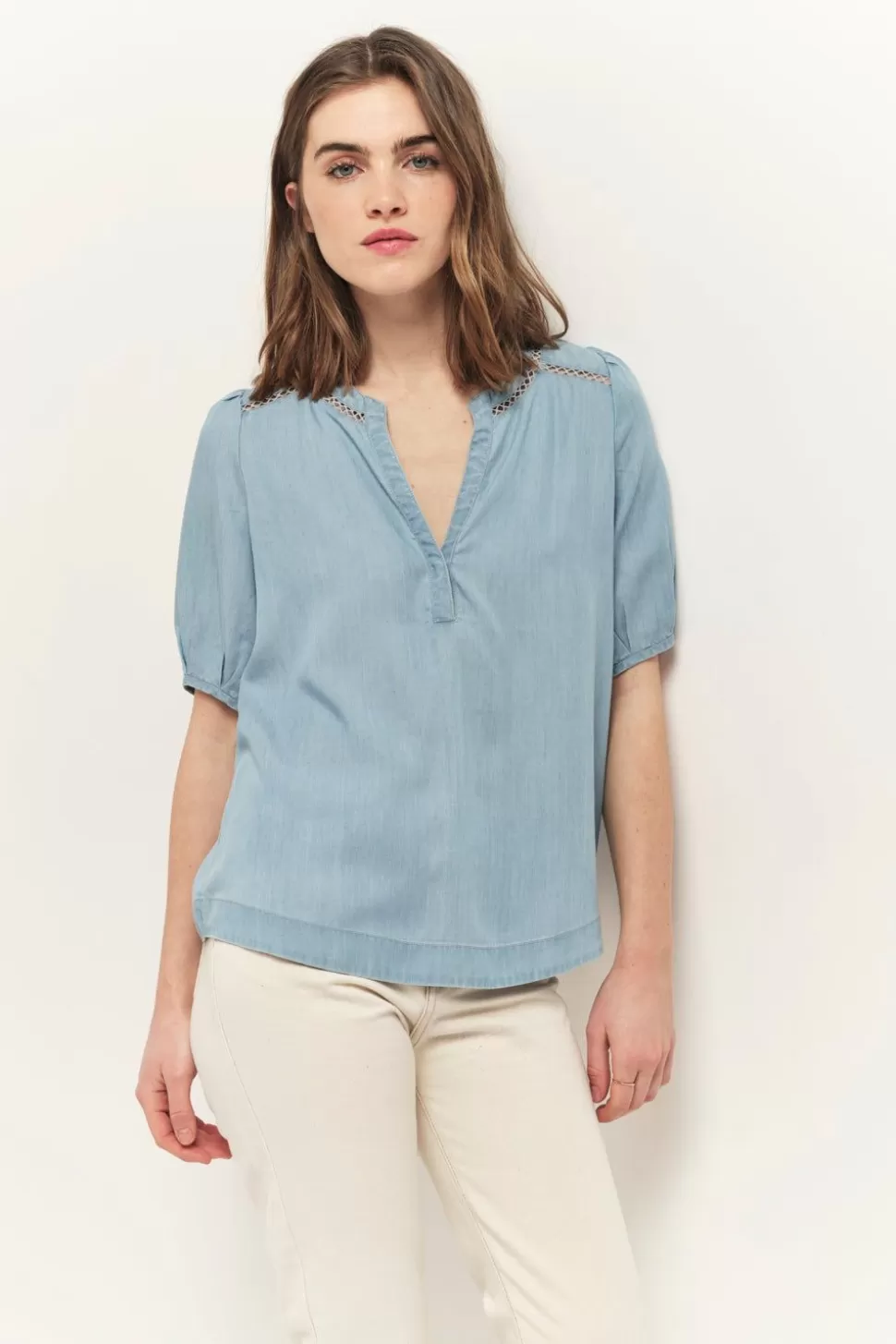 Women One Step Tops & Blouses-Carrys - Baby Blue Top In Lyocell®