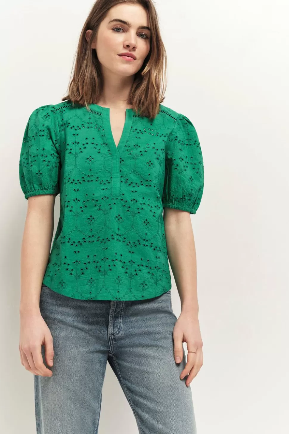 Women One Step Tops & Blouses-Carrys - Top Green Grass In English Embroidery