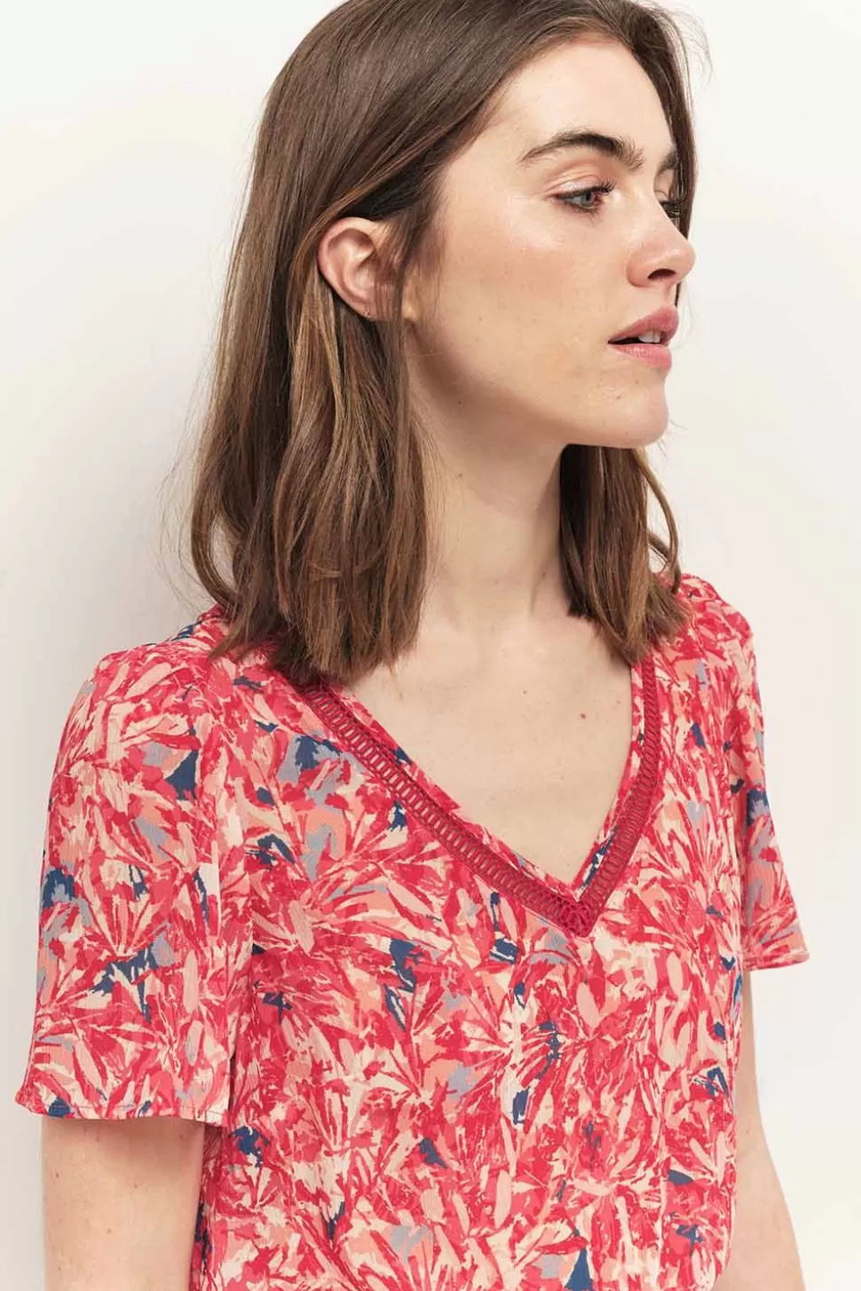 Women One Step Tops & Blouses-Casa - Hibiscus Top With Abstract Palms Print Recycle