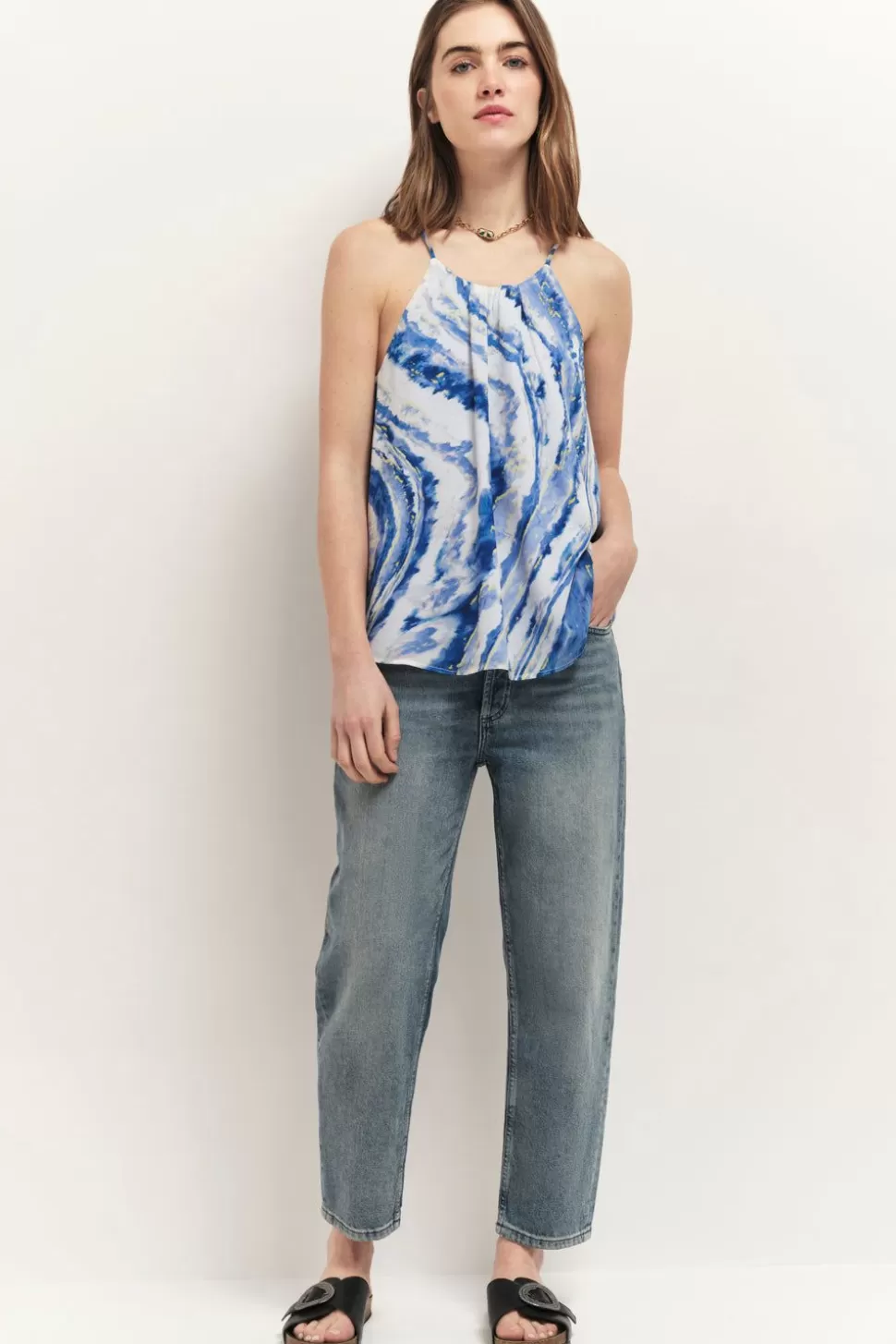 Women One Step Tops & Blouses-Cassis - Top Estate Blue With Azure Waves Print