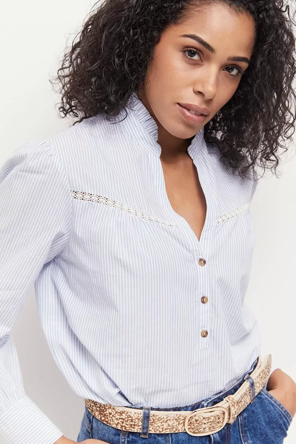 Women One Step Tops & Blouses-Cayce - Lapiz Blue Fine Stripes Blouse