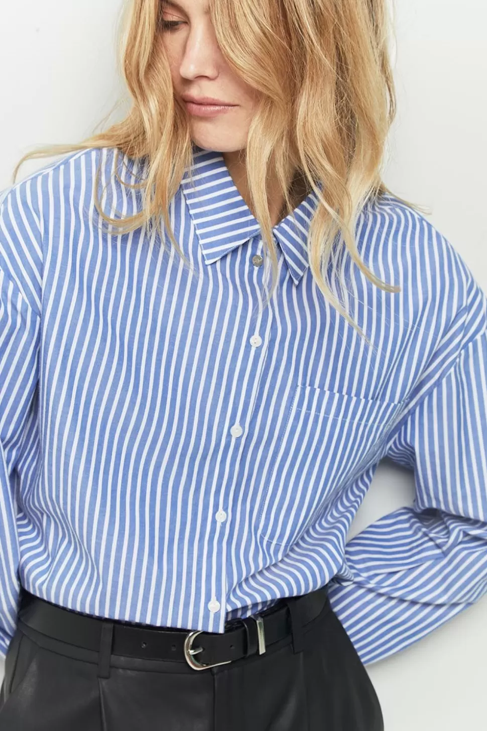 Women One Step Shirts-Celeste - Sky Blue Striped Poplin Shirt