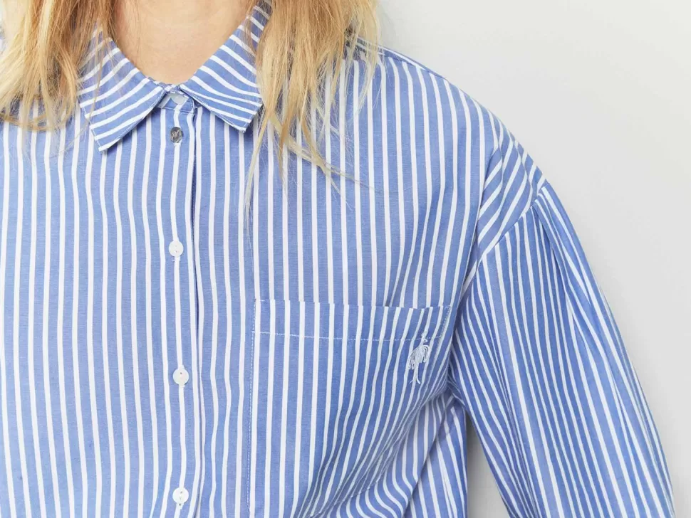 Women One Step Shirts-Celeste - Sky Blue Striped Poplin Shirt