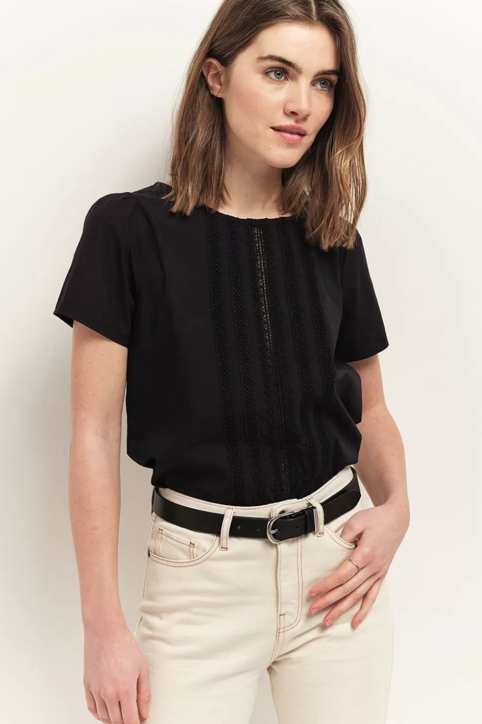 Women One Step Tops & Blouses-Copal - Black Top With Lace Trims