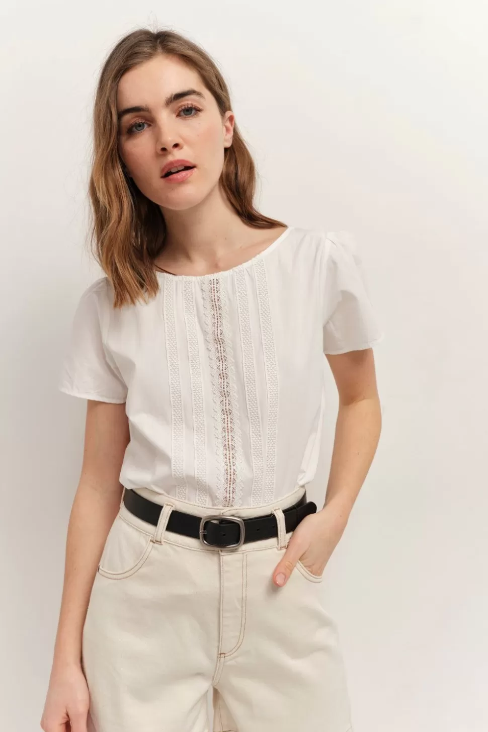 Women One Step Tops & Blouses-Copal - Ecru Top With Lace Trims