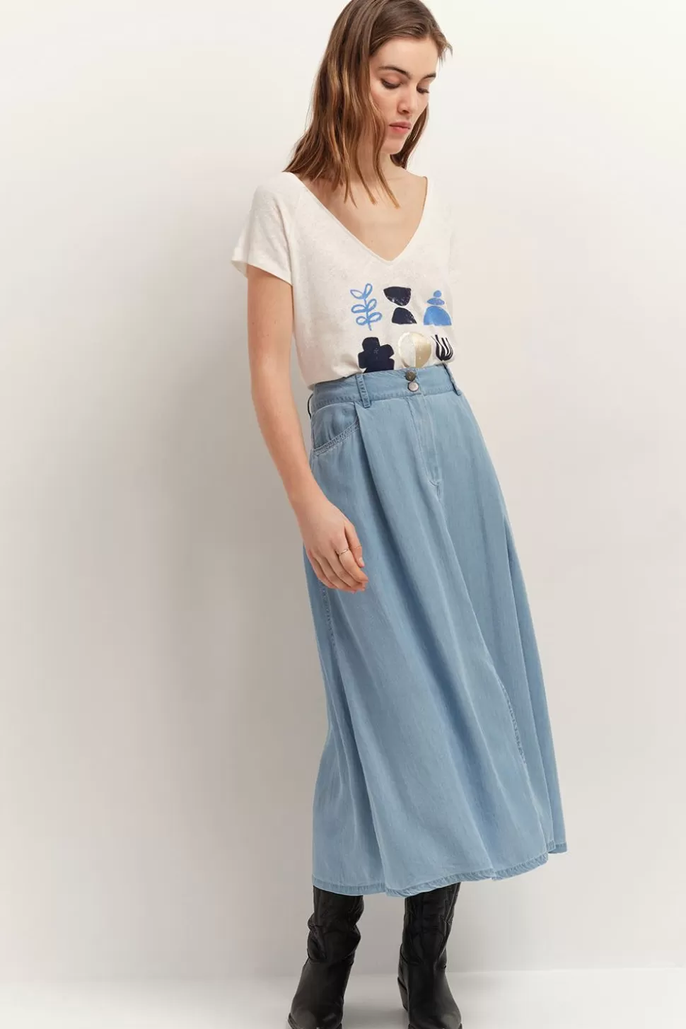 Women One Step Skirts & Shorts-Janet - Baby Blue Lyocell® Midi Skirt