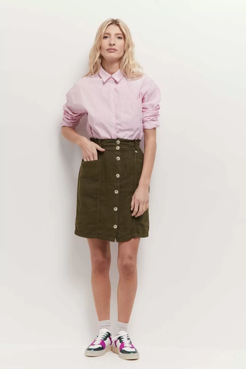 Women One Step Skirts & Shorts-Jetty - Khaki Buttoned Linen Skirt