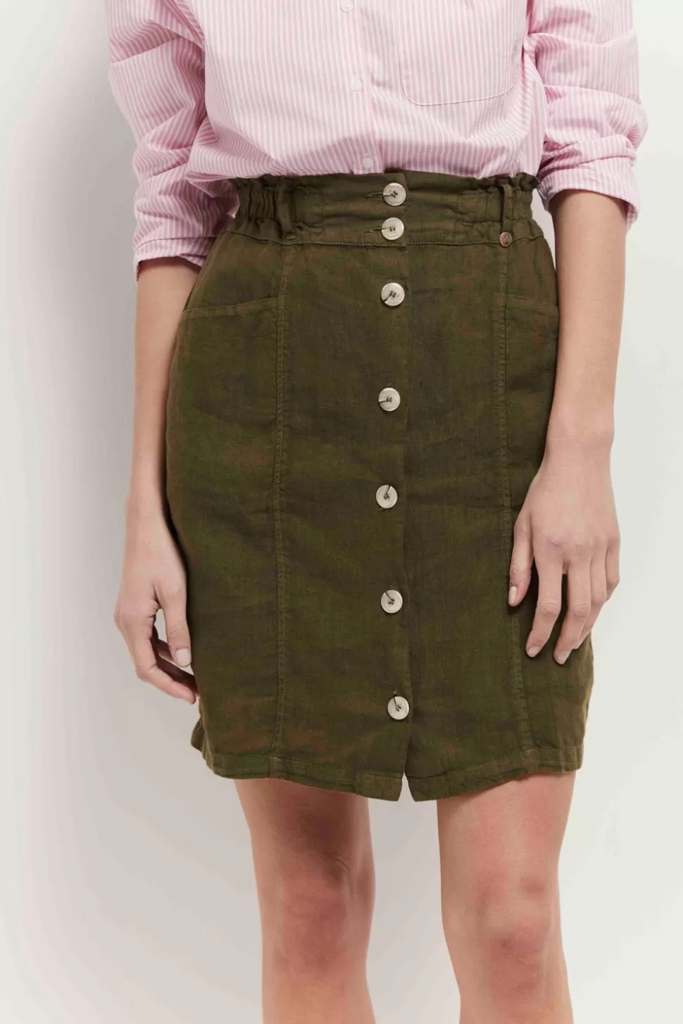 Women One Step Skirts & Shorts-Jetty - Khaki Buttoned Linen Skirt