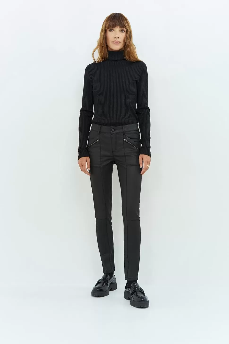 Women One Step Denims & Pants-Le Joan - Black Slim Jeans 7/8Th Coated Biker Spirit