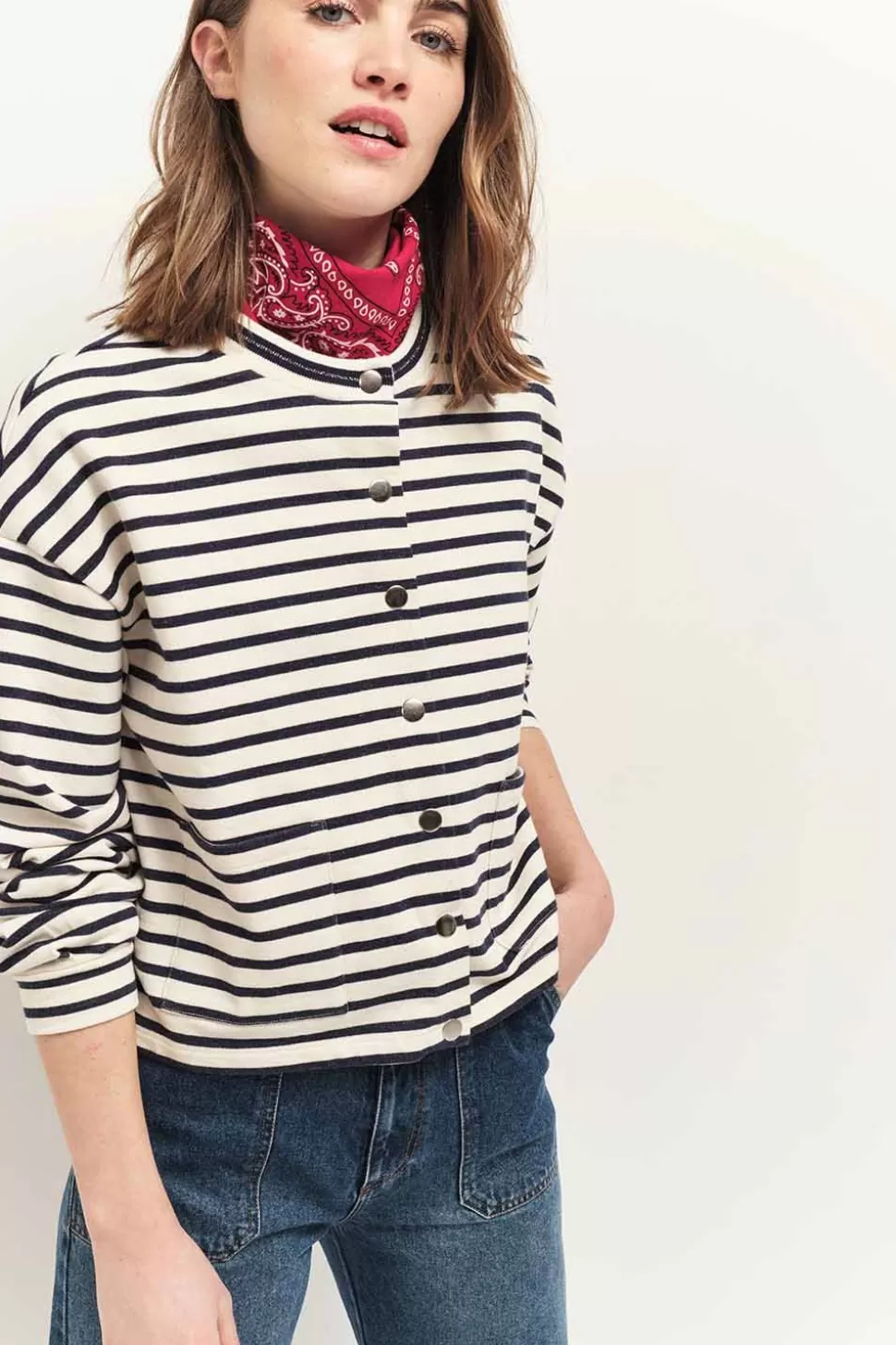 Women One Step Sweaters, Vests & Sweatshirts-Manny - Navy Mariniere Snap Button Cardigan