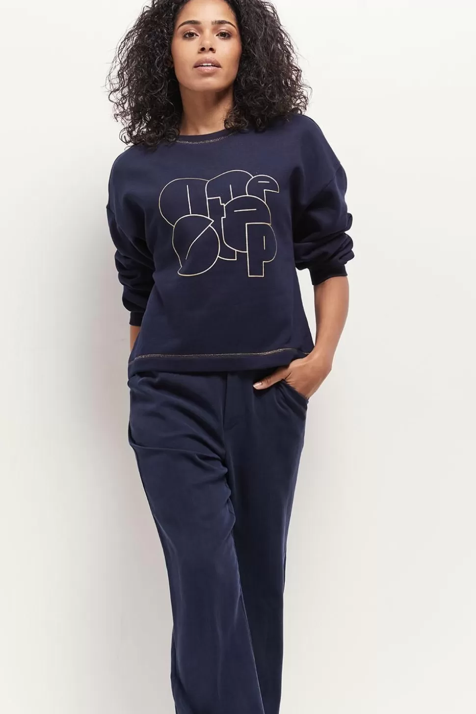 Women One Step Sweaters, Vests & Sweatshirts-Marcus - Visual Navy Sweatshirt With Gold Monogram