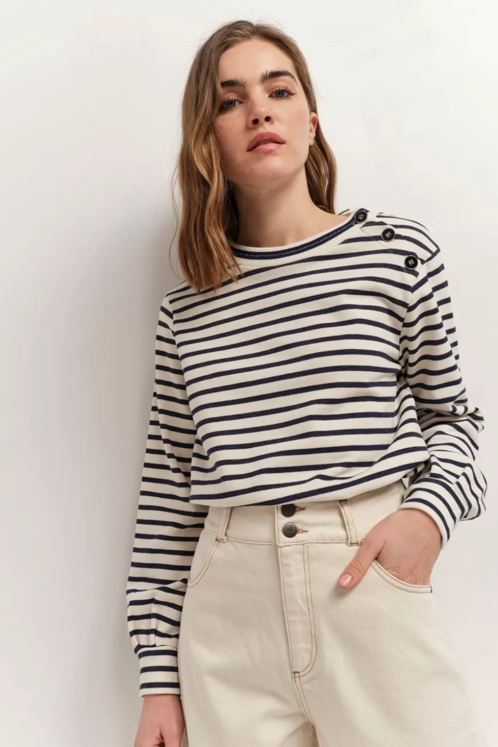 Women One Step Sweaters, Vests & Sweatshirts-Melker - Ecru Striped Mariniere Sweatshirt Navy