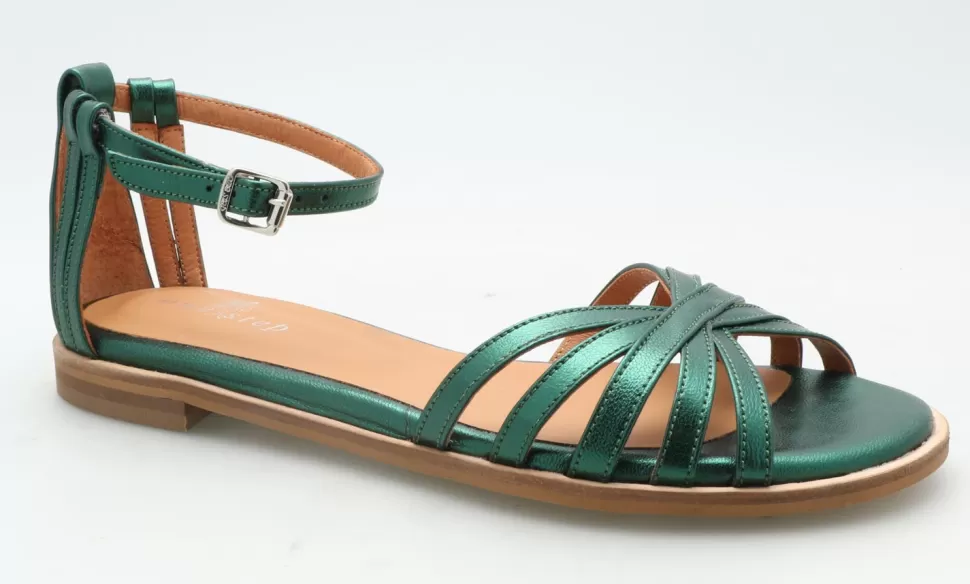 Women One Step Shoes-O.Faro - Cedar Green Flat Sandals In Metallic Leather