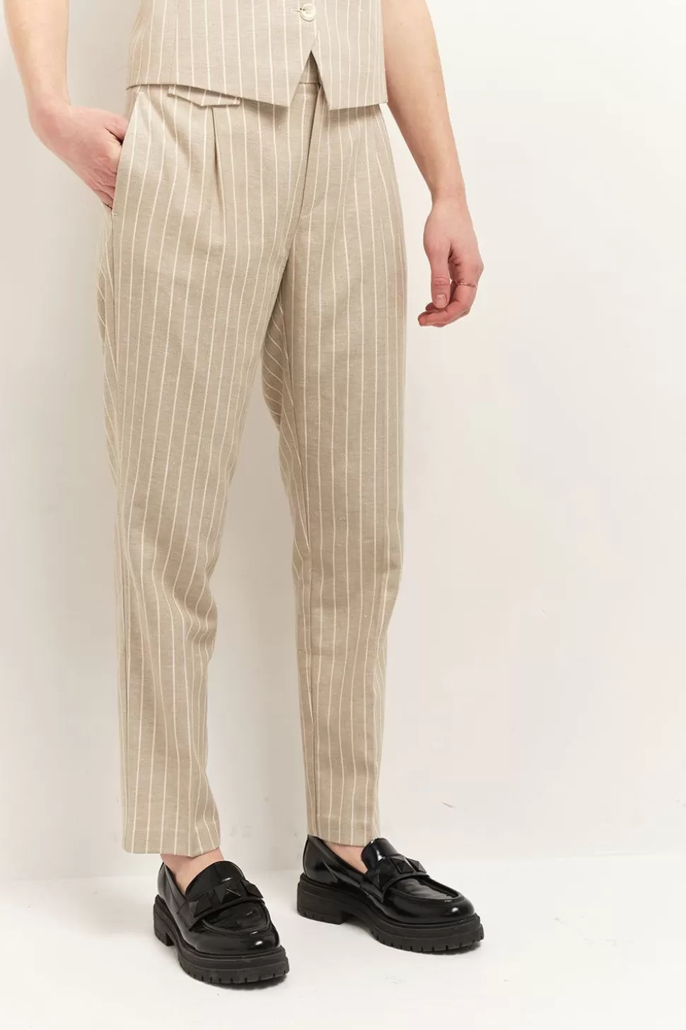 Women One Step Denims & Pants-Pacha - Sand Suit Trousers With Striped Pattern