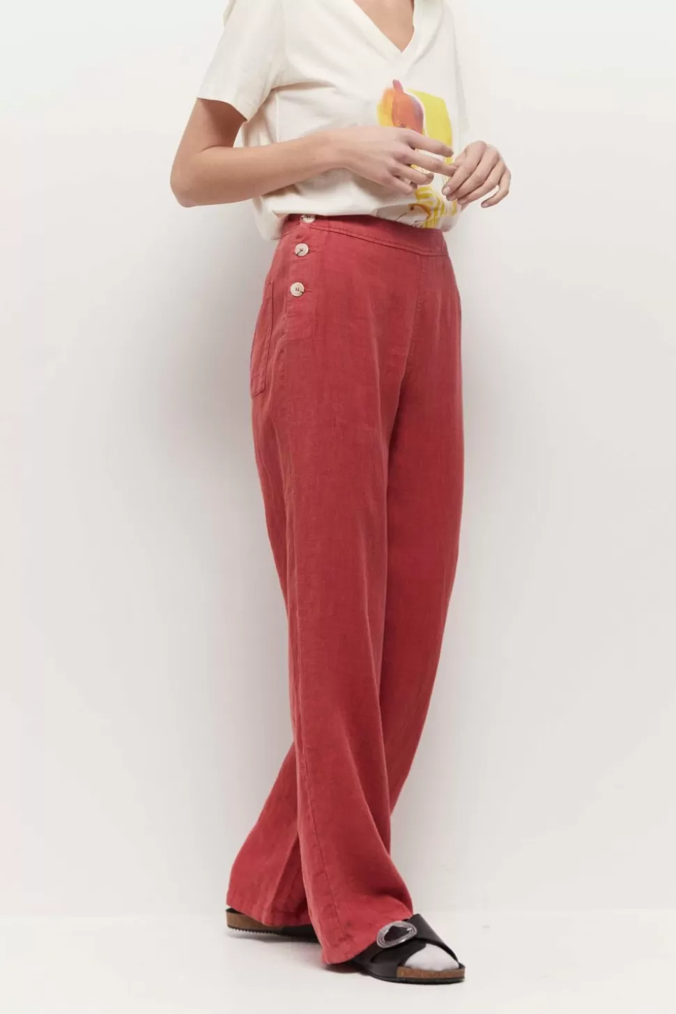 Women One Step Denims & Pants-Pamela - Chilipepper Linen Deck Trousers