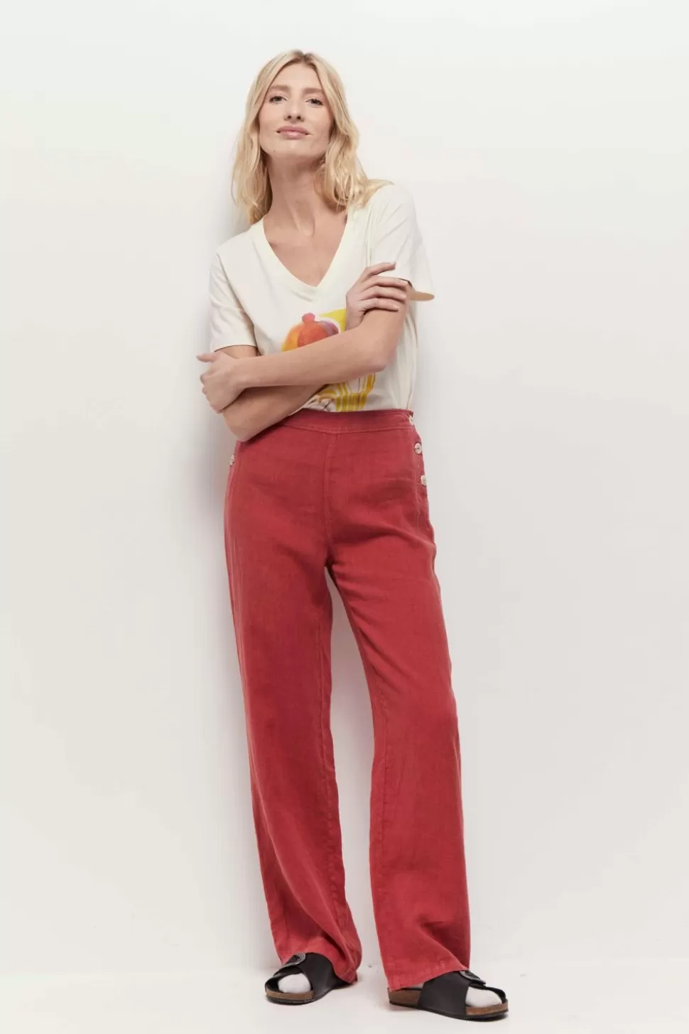 Women One Step Denims & Pants-Pamela - Chilipepper Linen Deck Trousers