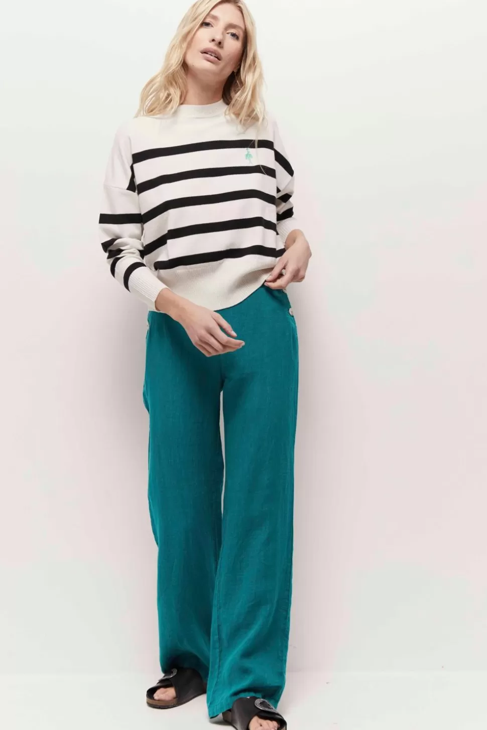 Women One Step Denims & Pants-Pamela - Jungle Green Linen Bridge Trousers