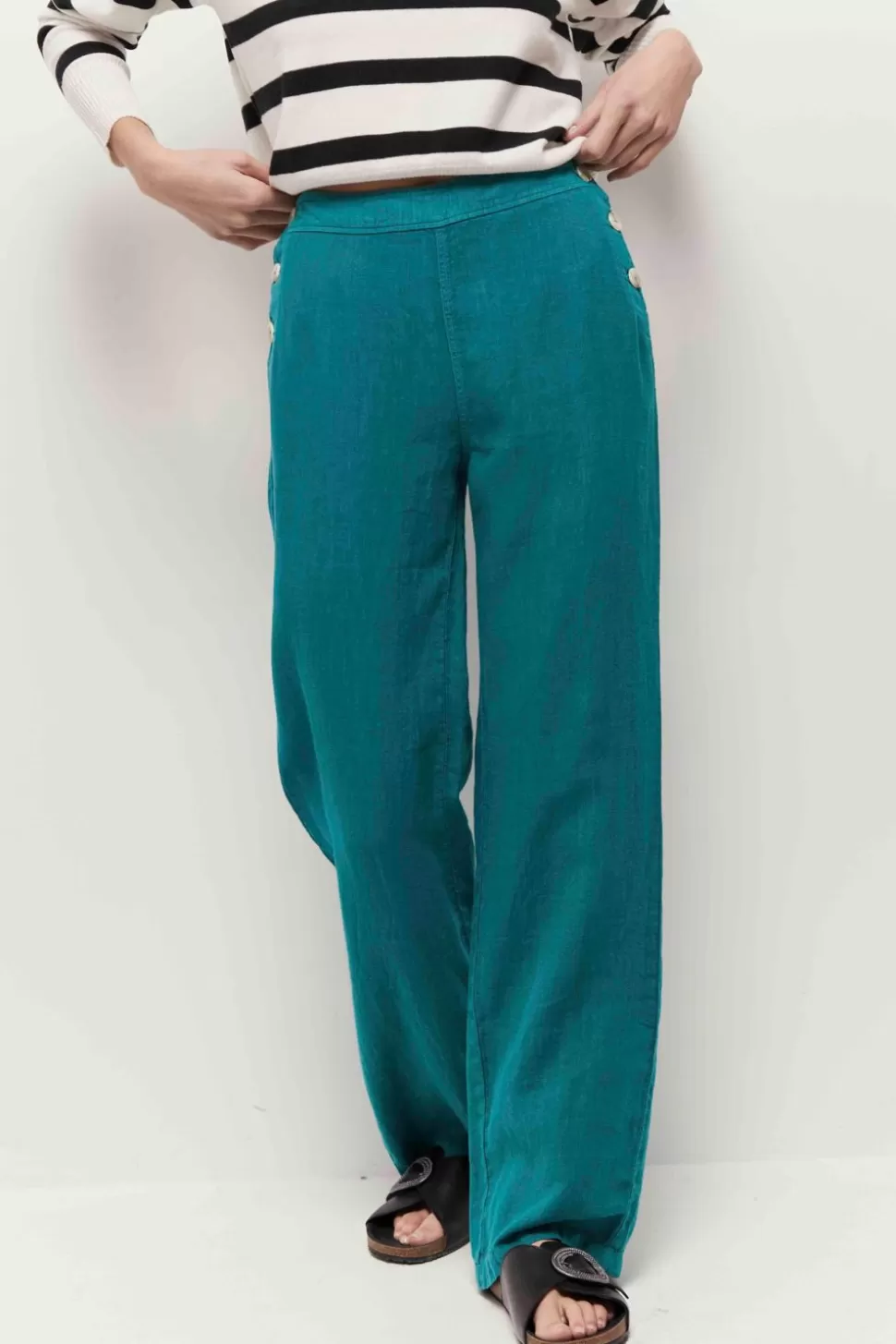 Women One Step Denims & Pants-Pamela - Jungle Green Linen Bridge Trousers