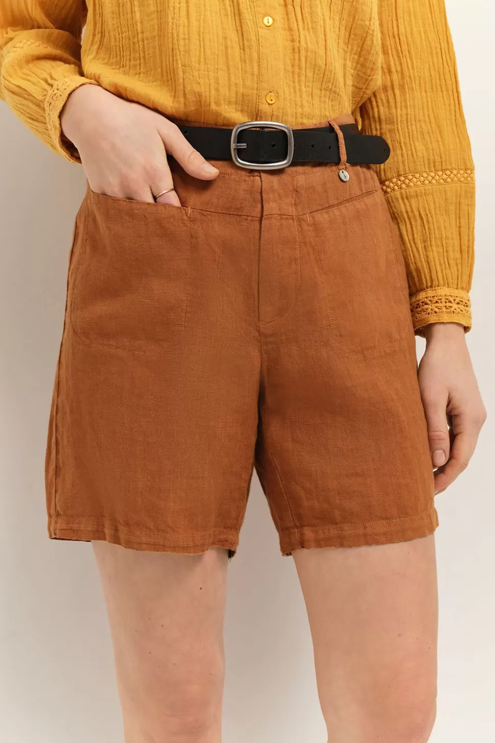 Women One Step Skirts & Shorts-Podium - Caramel Linen Shorts