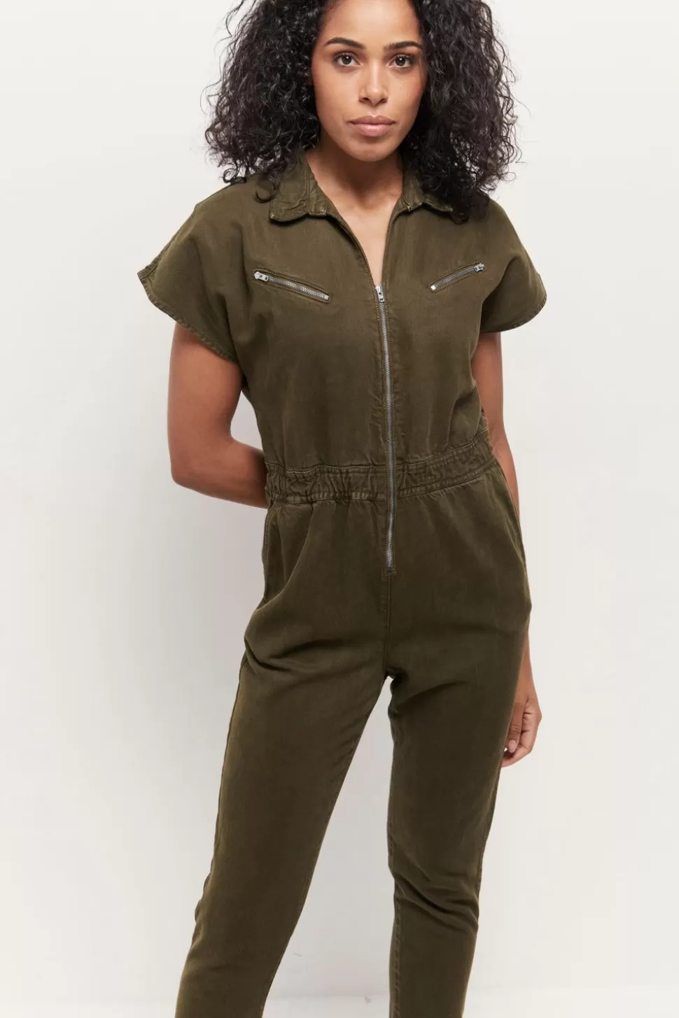 Women One Step Dresses & Jumpsuits-Rosso - Long Khaki Denim Jumpsuit