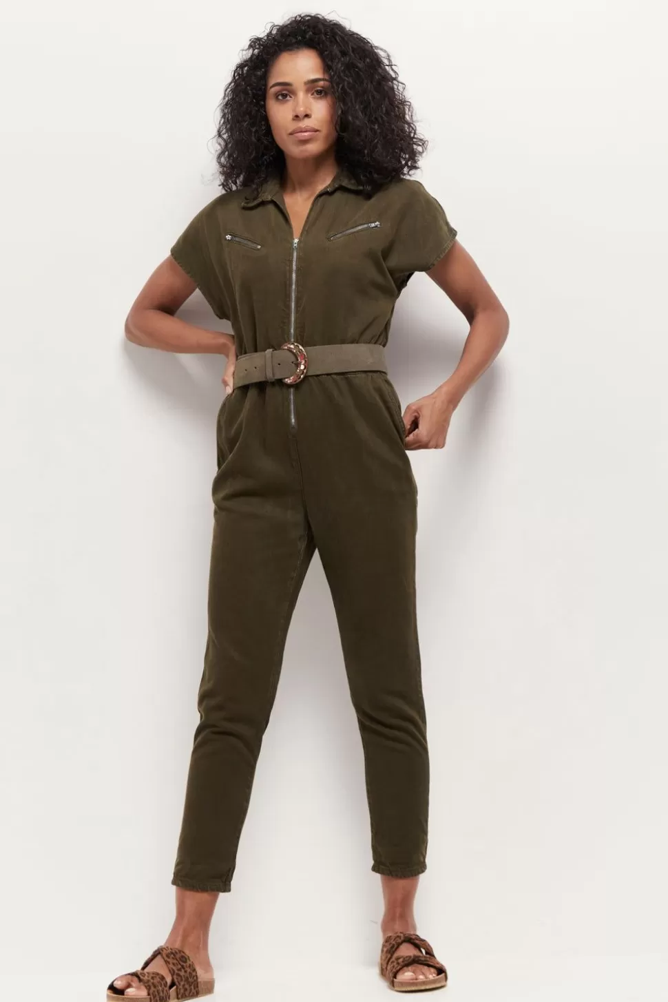 Women One Step Dresses & Jumpsuits-Rosso - Long Khaki Denim Jumpsuit