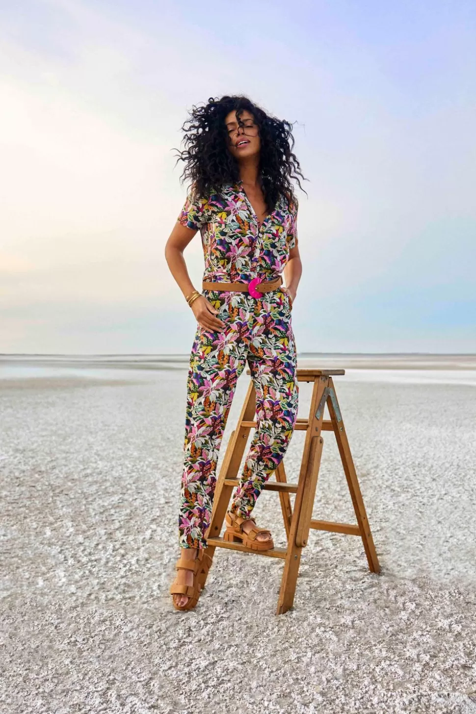 Women One Step Dresses & Jumpsuits-Rubis - Long Khaki Jumpsuit With Bigarre Jungle Print