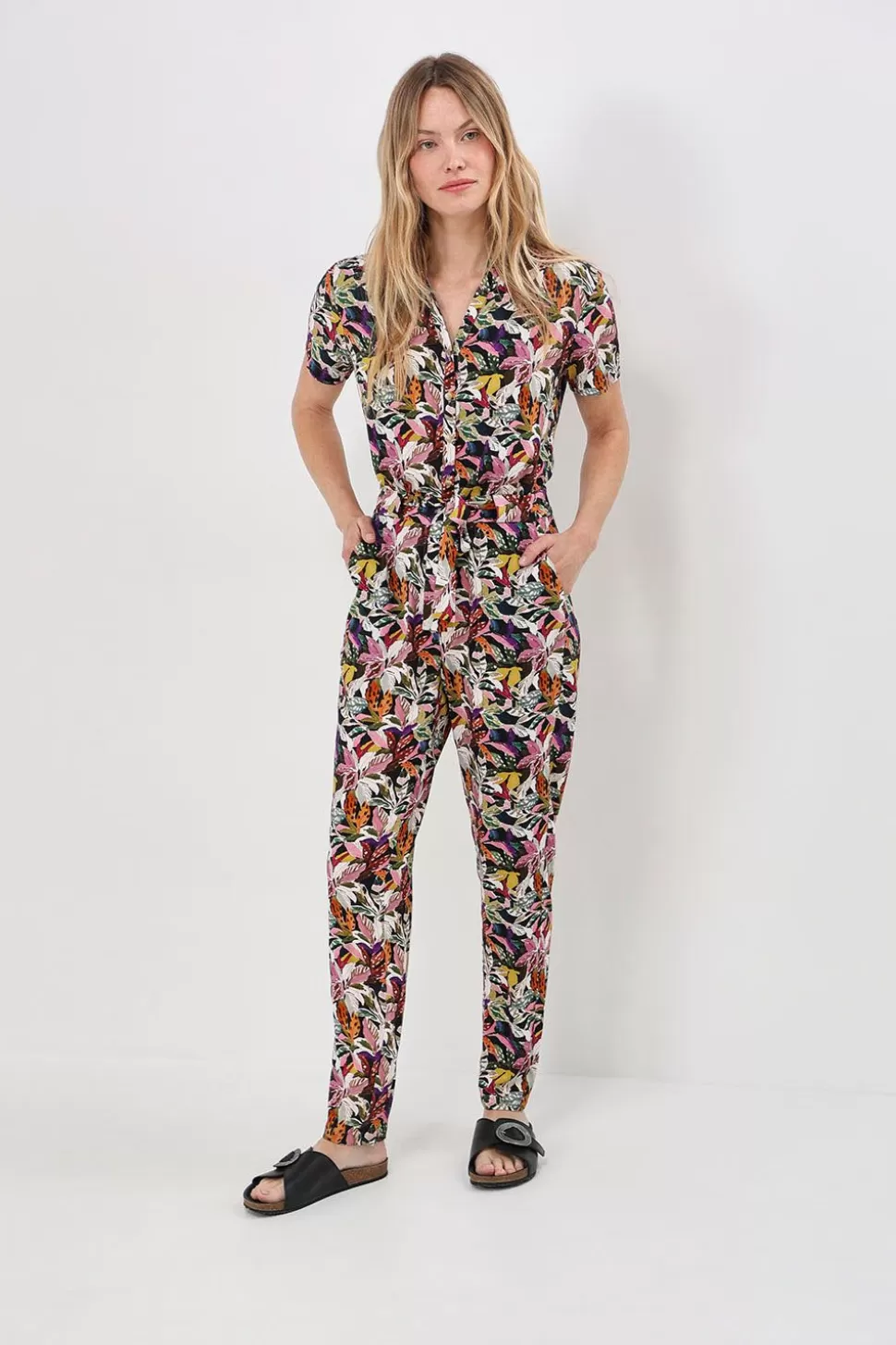 Women One Step Dresses & Jumpsuits-Rubis - Long Khaki Jumpsuit With Bigarre Jungle Print